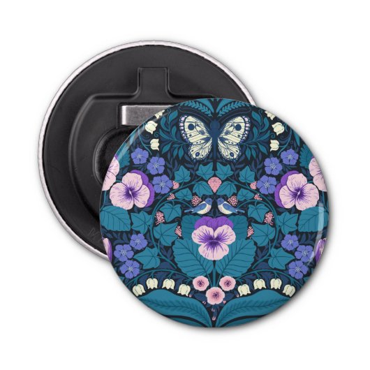 Pansies, vogels en vlinders button flesopener (Voorkant)