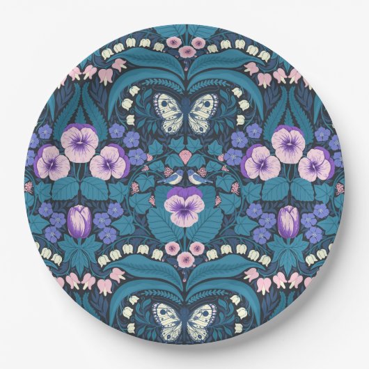 Pansies, vogels en vlinders papieren bordje (Voorkant)