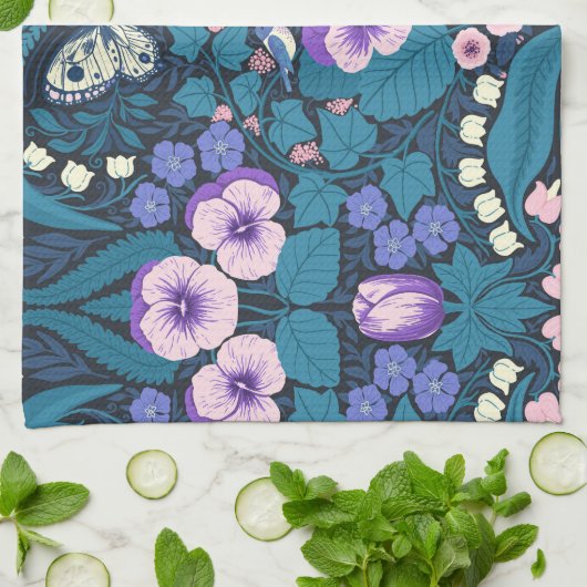 Pansies, vogels en vlinders theedoek (Gevouwen)