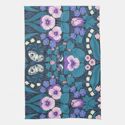 Pansies, vogels en vlinders theedoek (Verticaal)