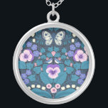 Pansies, vogels en vlinders zilver vergulden ketting<br><div class="desc">Handgeschilderd tuinbehang met pansieën,  leugens,  bloeiende harten bloemen,  bladeren,  vogels en vlinders,  naadloos patroon</div>