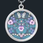Pansies, vogels en vlinders zilver vergulden ketting<br><div class="desc">Handgeschilderd tuinbehang met pansieën,  leugens,  bloeiende harten bloemen,  bladeren,  vogels en vlinders,  naadloos patroon</div>