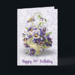 Pansy Basket for 70th Birthday Kaart<br><div class="desc">Paarse pansy mand op lavender en wit kant patroon voor de 70e verjaardag.</div>