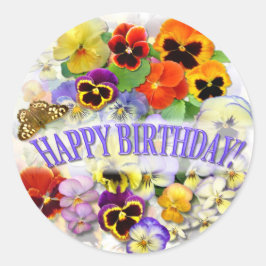 Pansy Beauty met vlinder Birthday Greeting Ronde Sticker
