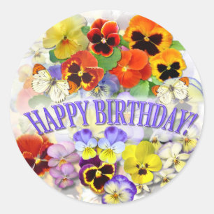 Pansy Beauty met vlinder Birthday Greeting Ronde Sticker