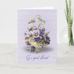 Pansy Birthday voor Friend Kaart<br><div class="desc">Pansy bouquet in een mand op de oogplaatachtergrond voor de verjaardag van Friend.</div>