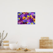 Pansy bloemen die drijven in een vogelbad met dauw poster (Keuken)