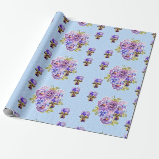 Pansy bloemen floral Shabby Chic Blue Wrapping Cadeaupapier (Uitgerold)