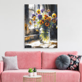 Pansy boeket in een raam impressionisme canvas afdruk (Insitu (Woonkamer))
