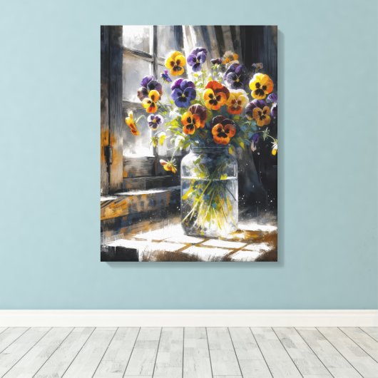Pansy boeket in een raam impressionisme canvas afdruk (Insitu (Houten vloer))