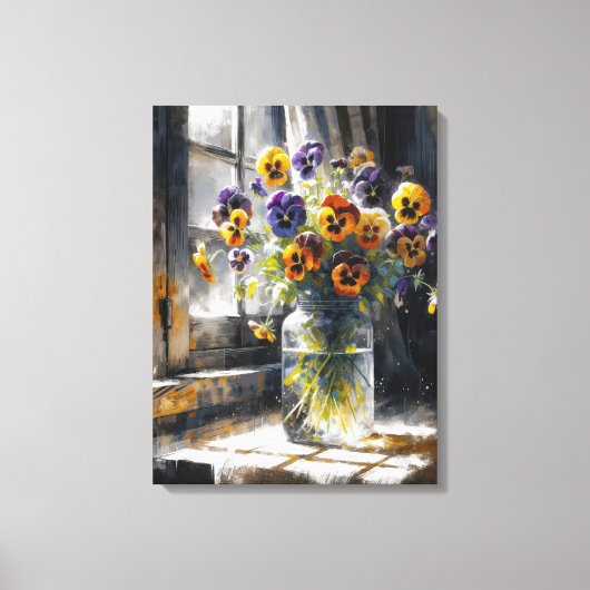 Pansy boeket in een raam impressionisme canvas afdruk (Voorkant)