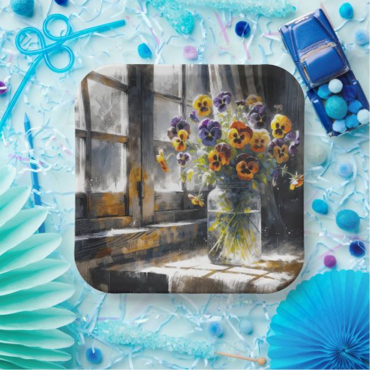 Pansy boeket in een raam impressionisme papieren bordje (Feest)