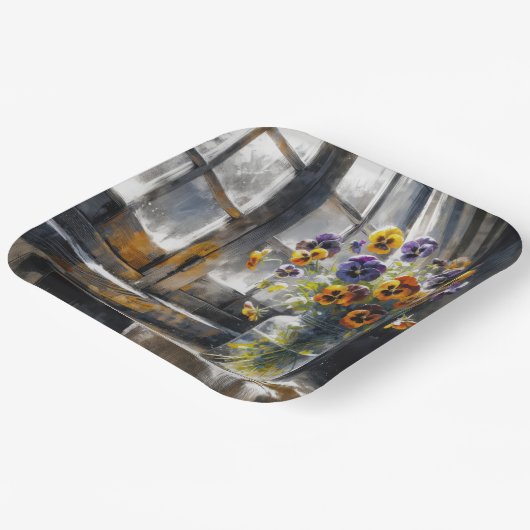 Pansy boeket in een raam impressionisme papieren bordje (Gebogen)