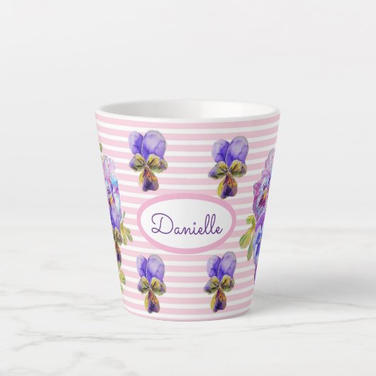 Pansy Floral Viola  Womans Pink Stripe Latte Mok (Voorkant)