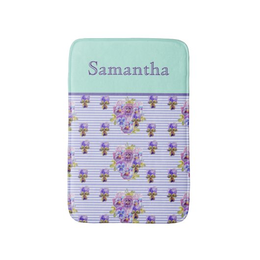 Pansy Flower Aqua Stripe art floral Girls Name Badmat (Voorkant Verticaal)
