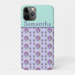 Pansy Flower Aqua Stripe art floral Girls Name Case-Mate iPhone Case