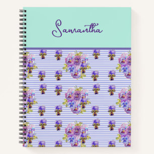 Pansy Flower Aqua Stripe art floral Girls Name Notitieboek