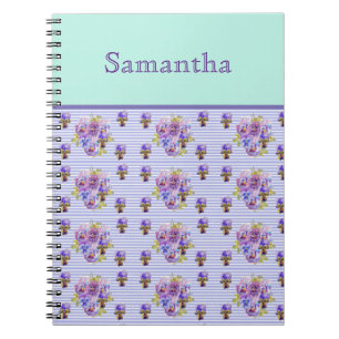 Pansy Flower Aqua Stripe art floral Girls Name Notitieboek