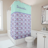 Pansy Flower Aqua Stripe art floral Girls Name Sho Douchegordijn (In situ)