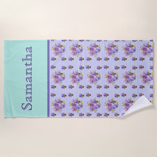 Pansy Flower Aqua Stripe art floral Girls Name Strandlaken (Voorkant)