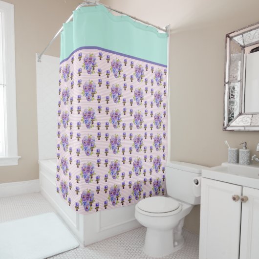 Pansy Flower Aqua Stripe art floral Girls Womens S Douchegordijn (In situ)