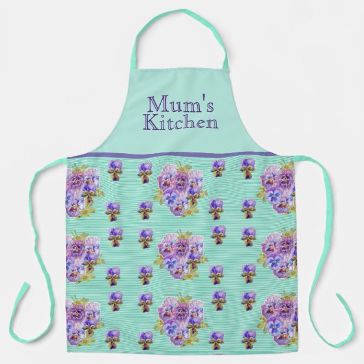 Pansy Flower Aqua Stripe art floral Kitchen Apron Schort (Voorkant)