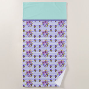 Pansy Flower Aqua Stripe art Florale Girls Womens Strandlaken