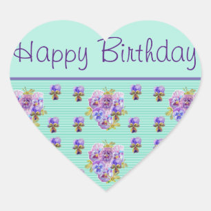 Pansy Flower Aqua Stripe floral Happy Birthday Hart Sticker