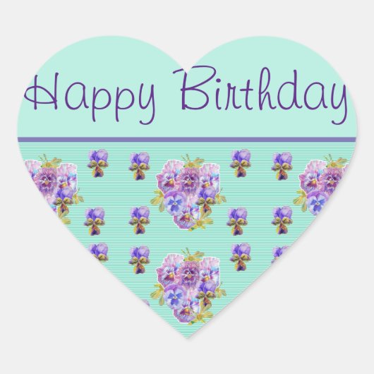 Pansy Flower Aqua Stripe floral Happy Birthday Hart Sticker (Voorkant)