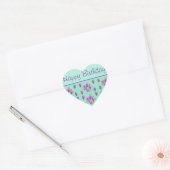 Pansy Flower Aqua Stripe floral Happy Birthday Hart Sticker (Envelop)