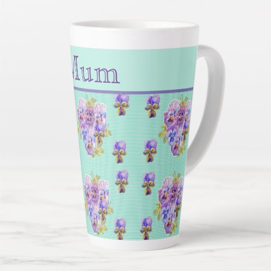 Pansy Flower Aqua Stripe floral Moederdag Latte Mok (Rechterhoek)