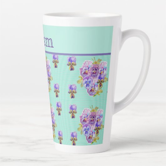 Pansy Flower Aqua Stripe floral Moederdag Latte Mok (Rechts)