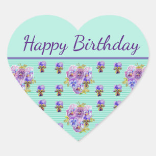 Pansy Flower Aqua Stripe floral Mum Happy Birthday Hart Sticker