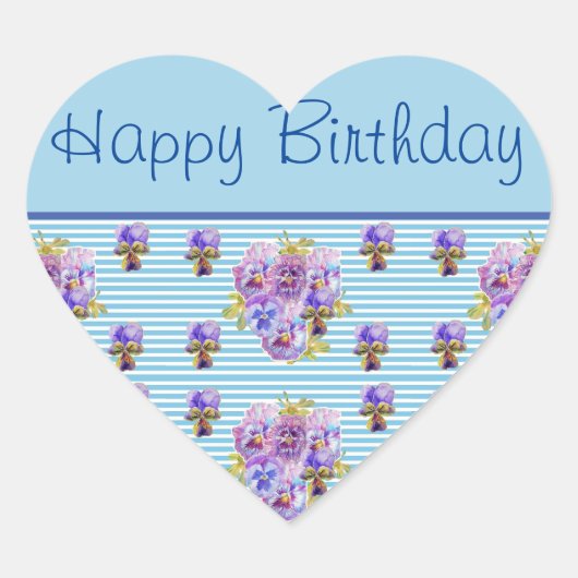 Pansy Flower Blue Stripe floral Happy Birthday Hart Sticker (Voorkant)