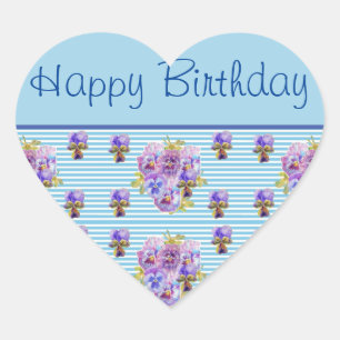 Pansy Flower Blue Stripe floral Happy Birthday Hart Sticker