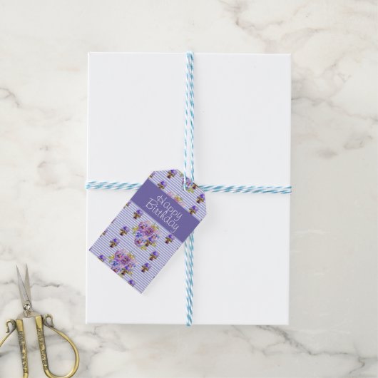 Pansy Flower Paars Stripe floral Happy Birthday Cadeaulabel (Met Touw)