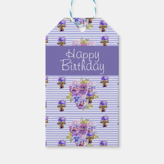 Pansy Flower Paars Stripe floral Happy Birthday Cadeaulabel (Voorkant)