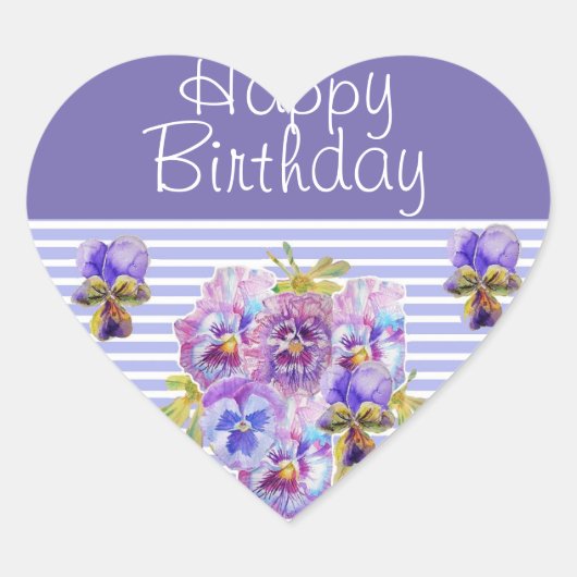 Pansy Flower Paars Stripe floral Happy Birthday Hart Sticker (Voorkant)