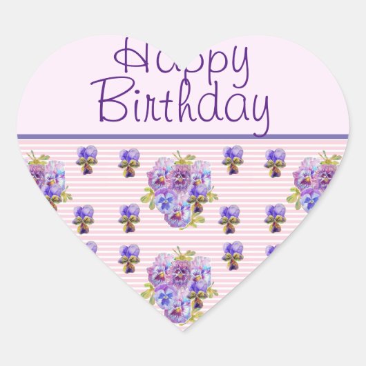 Pansy Flower Pink Stripe floral Happy Birthday Hart Sticker (Voorkant)