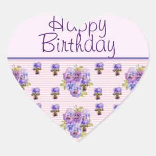 Pansy Flower Pink Stripe floral Happy Birthday Hart Sticker