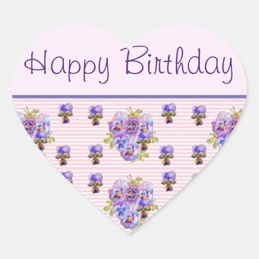 Pansy Flower Pink Stripe floral Happy Birthday Hart Sticker (Voorkant)