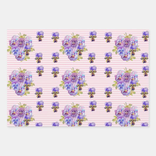 Pansy Flower Pink Stripe floral Happy Birthday Inpakpapier Vel (Voorkant 3)