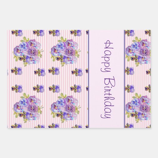 Pansy Flower Pink Stripe floral Happy Birthday Inpakpapier Vel (Voorkant)