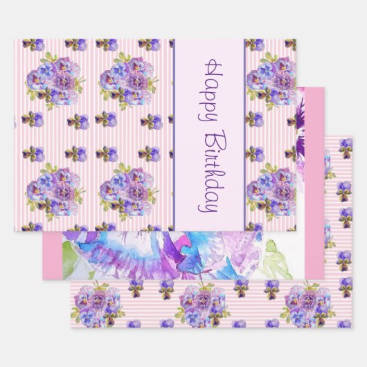 Pansy Flower Pink Stripe floral Happy Birthday Inpakpapier Vel (Set)