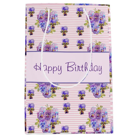 Pansy Flower Pink Stripe floral Happy Birthday Medium Cadeauzakje (Voorkant)