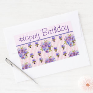Pansy Flower Pink Stripe floral Happy Birthday Rechthoekige Sticker