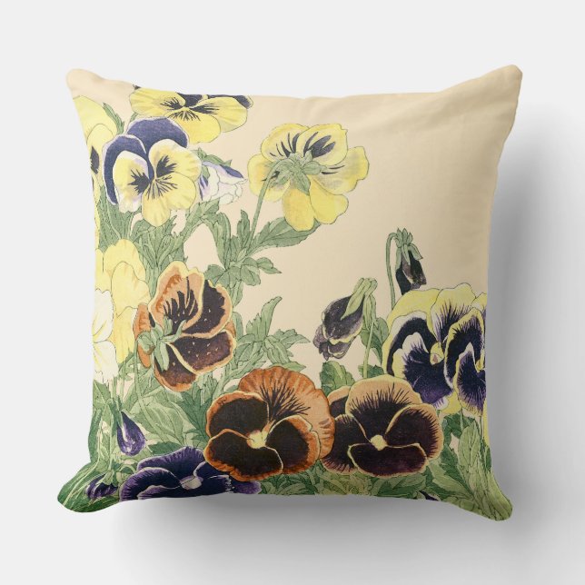 Pansy Flower Woodblock Print Kussen (Voorkant)
