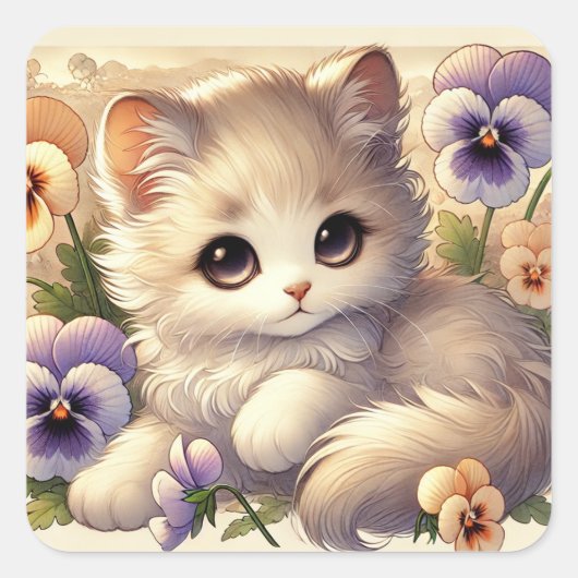 Pansy Kitten Vierkante Sticker (Voorkant)