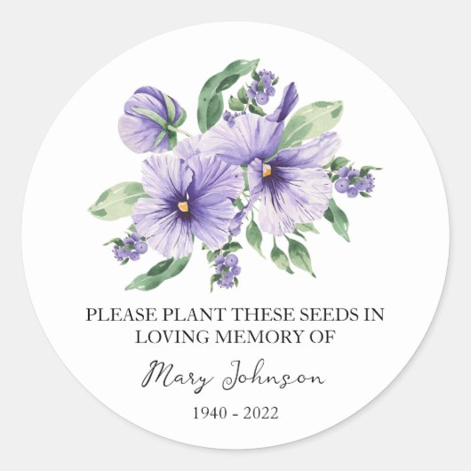 Pansy Memorial Funeral Seed Packet Ronde Sticker (Voorkant)