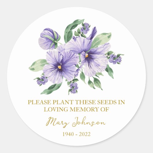 Pansy Memorial Funeral Seed Packet Ronde Sticker (Voorkant)